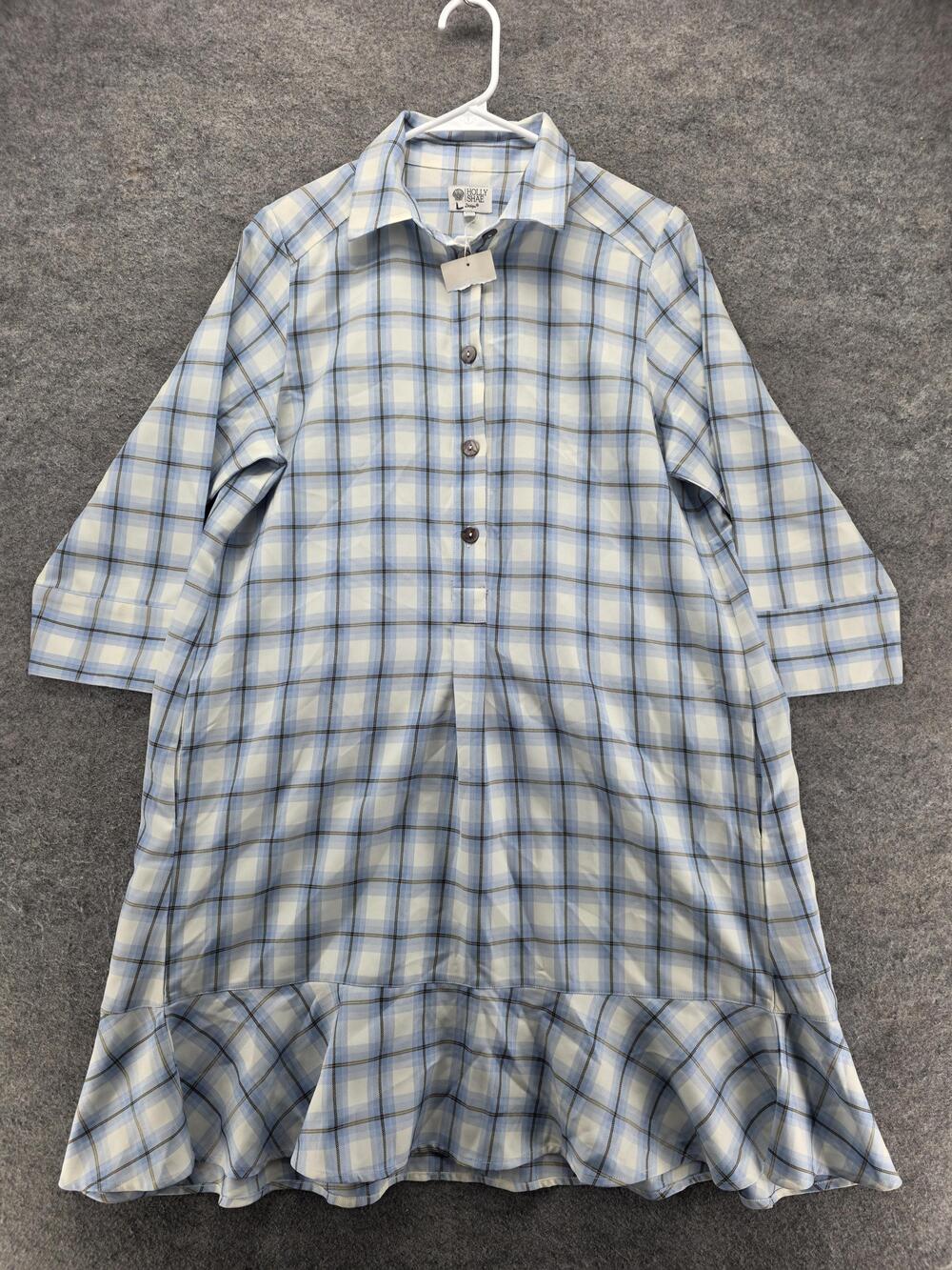 Holly Shae Dress Womens S/M Blue Shirt Dress Midi 3/4 Sleeve Plaid Ruffle